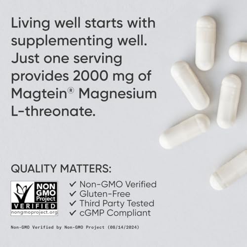 Sports Research  Magnesium L Threonate Capsules 2000mg   High Absorption Magtein  for Enhanced Brain Health  Memory  Focus & Restful Sleep Support   Vegan   Non GMO   Gluten Free   180 Count