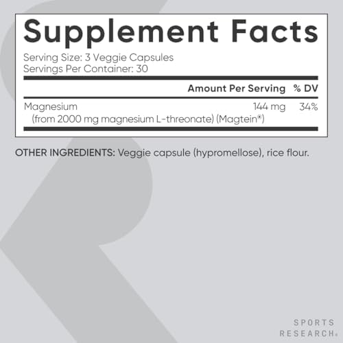 Sports Research  Magnesium L Threonate Capsules 2000mg   High Absorption Magtein  for Enhanced Brain Health  Memory  Focus & Restful Sleep Support   Vegan   Non GMO   Gluten Free   180 Count