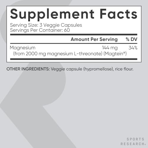 Sports Research  Magnesium L Threonate Capsules 2000mg   High Absorption Magtein  for Enhanced Brain Health  Memory  Focus & Restful Sleep Support   Vegan   Non GMO   Gluten Free   180 Count