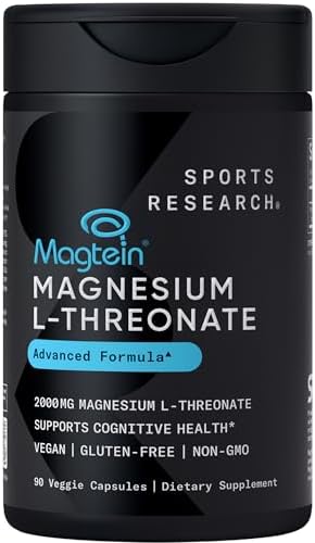 Sports Research  Magnesium L Threonate Capsules 2000mg   High Absorption Magtein  for Enhanced Brain Health  Memory  Focus & Restful Sleep Support   Vegan   Non GMO   Gluten Free   180 Count