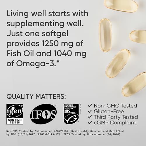 Sports Research  Omega 3 Fish Oil 1250   Triple Strength Fish Oil Supplement from Wild Alaska Pollock   MSC Certified Sustainable   Non GMO   Soy Free   90 Softgel Capsules