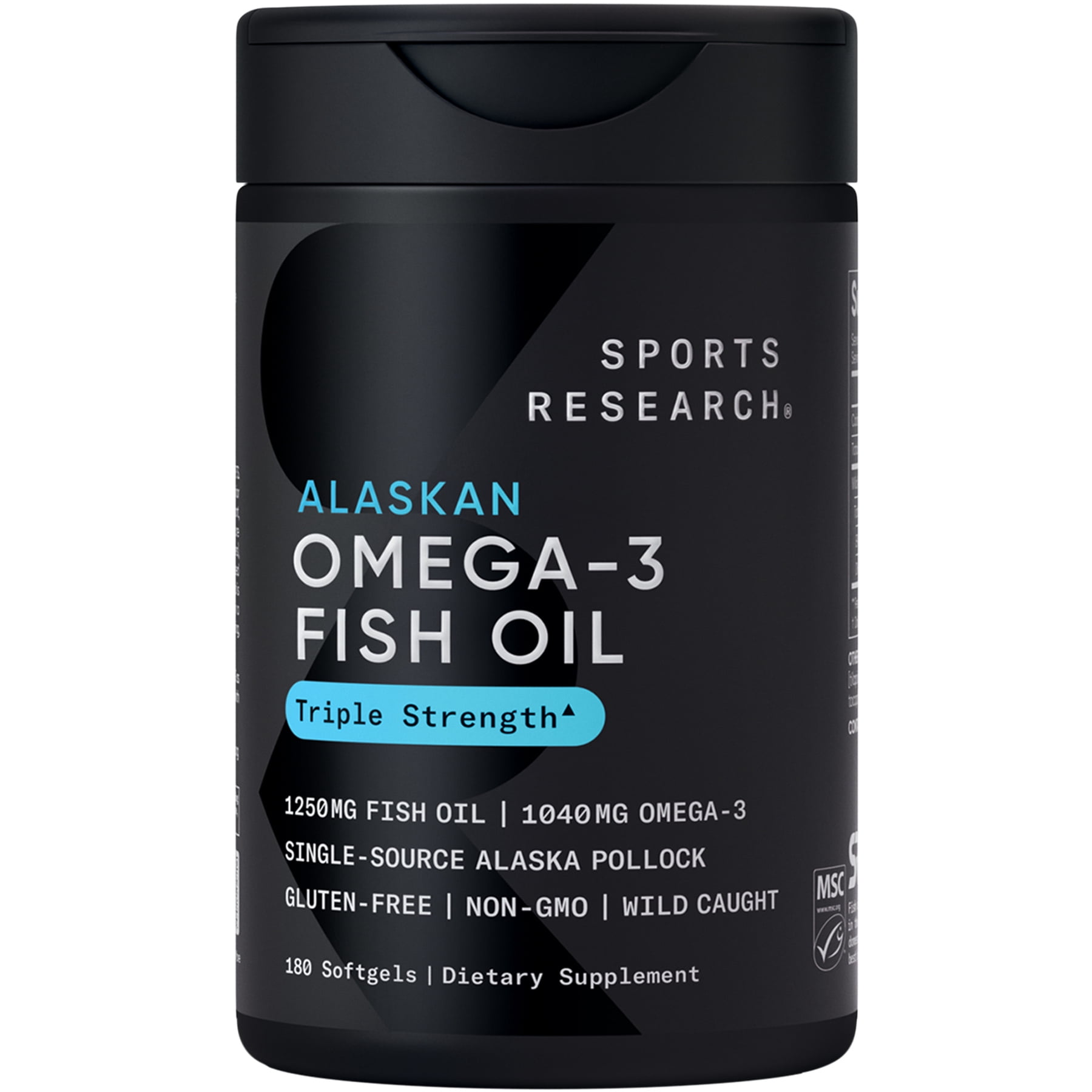 Sports Research  Triple Strength Omega 3 Fish Oil 1250mg Wild Alaska Pollock Burpless  180 Softgels 