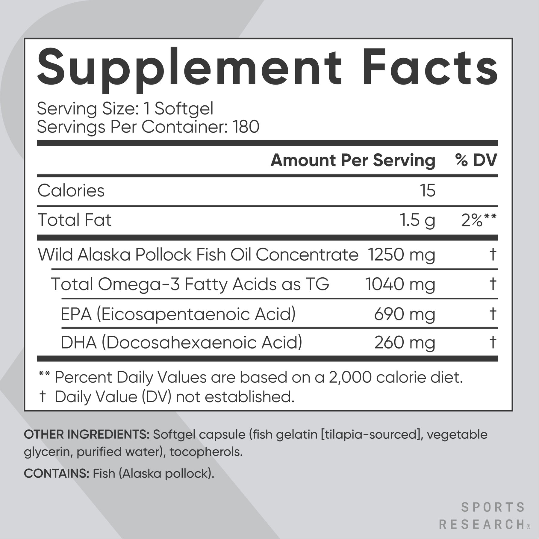 Sports Research  Triple Strength Omega 3 Fish Oil 1250mg Wild Alaska Pollock Burpless  180 Softgels 