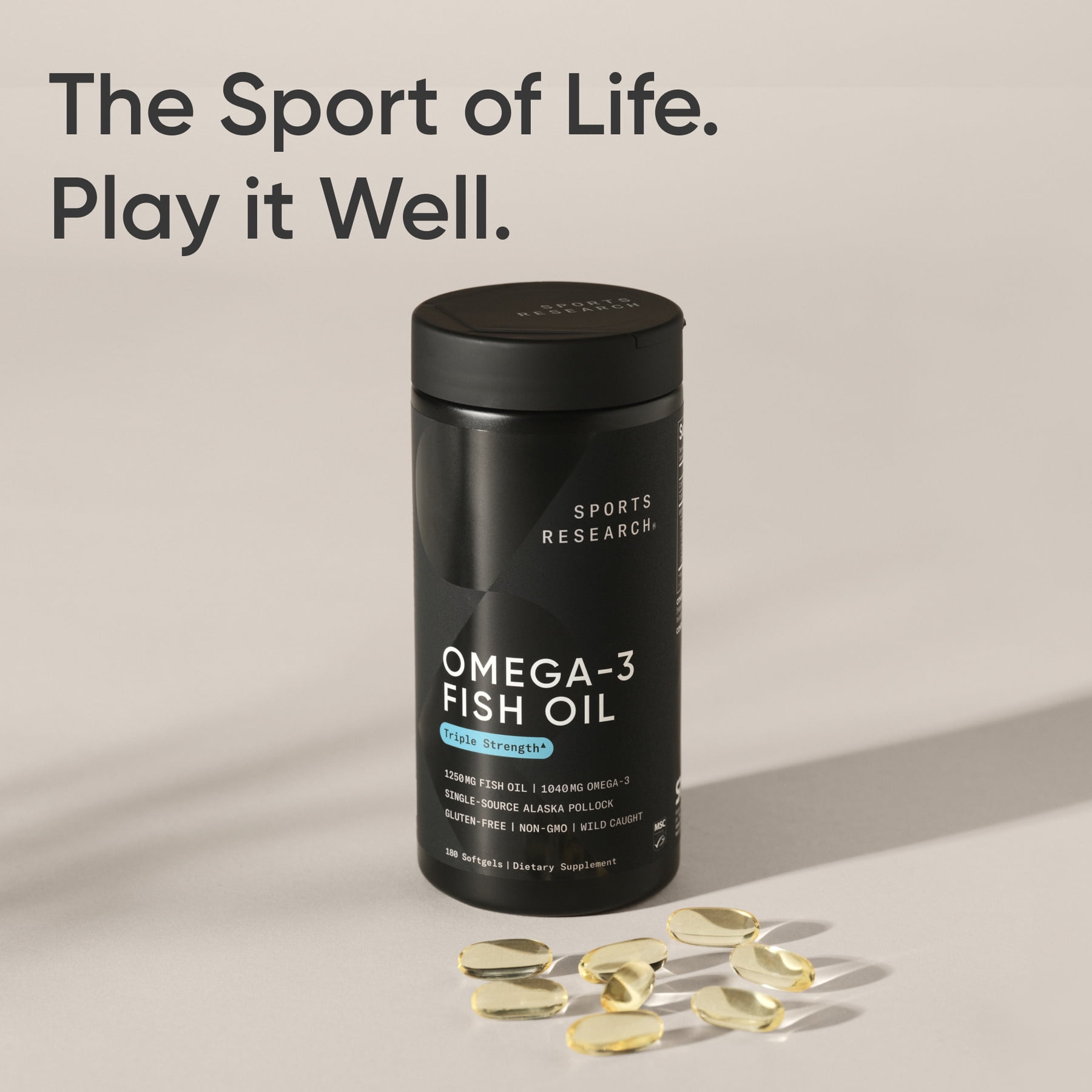 Sports Research  Triple Strength Omega 3 Fish Oil 1250mg Wild Alaska Pollock Burpless  180 Softgels 
