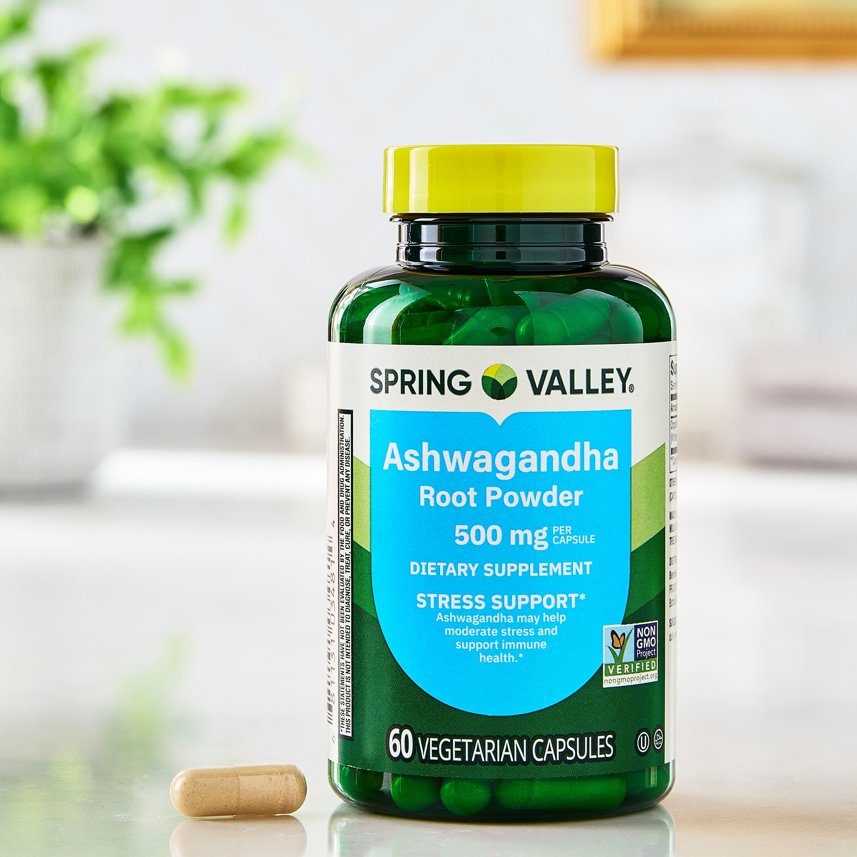 Spring Valley Ashwagandha Root Powder General Wellness Dietary Supplement Vegetarian Capsules  500 mg  60 Count