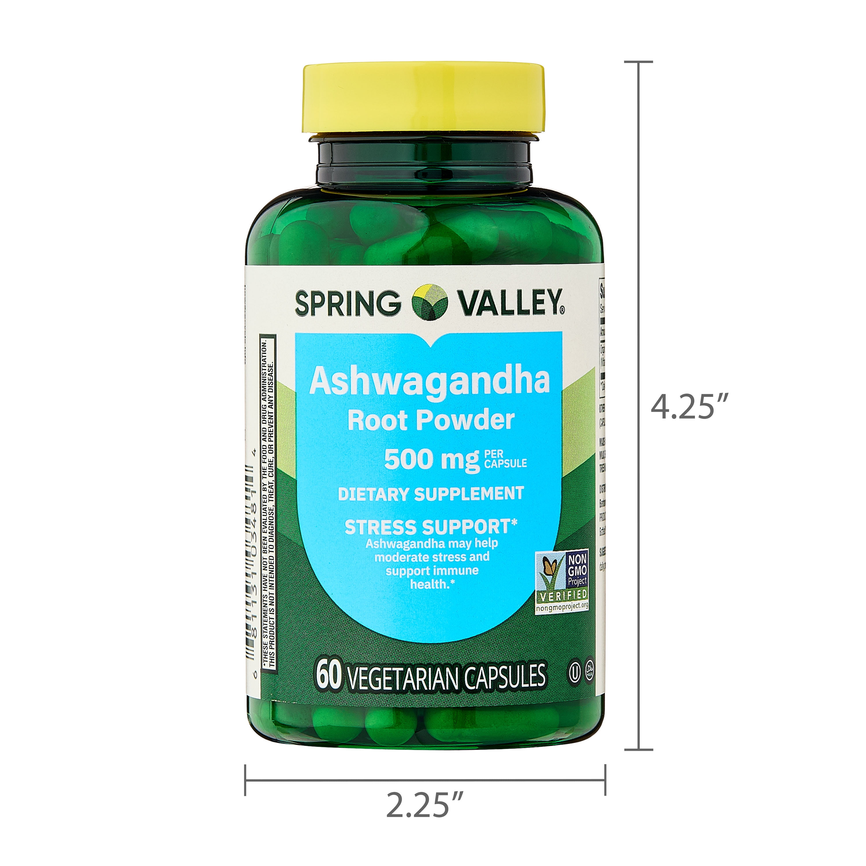 Spring Valley Ashwagandha Root Powder General Wellness Dietary Supplement Vegetarian Capsules  500 mg  60 Count