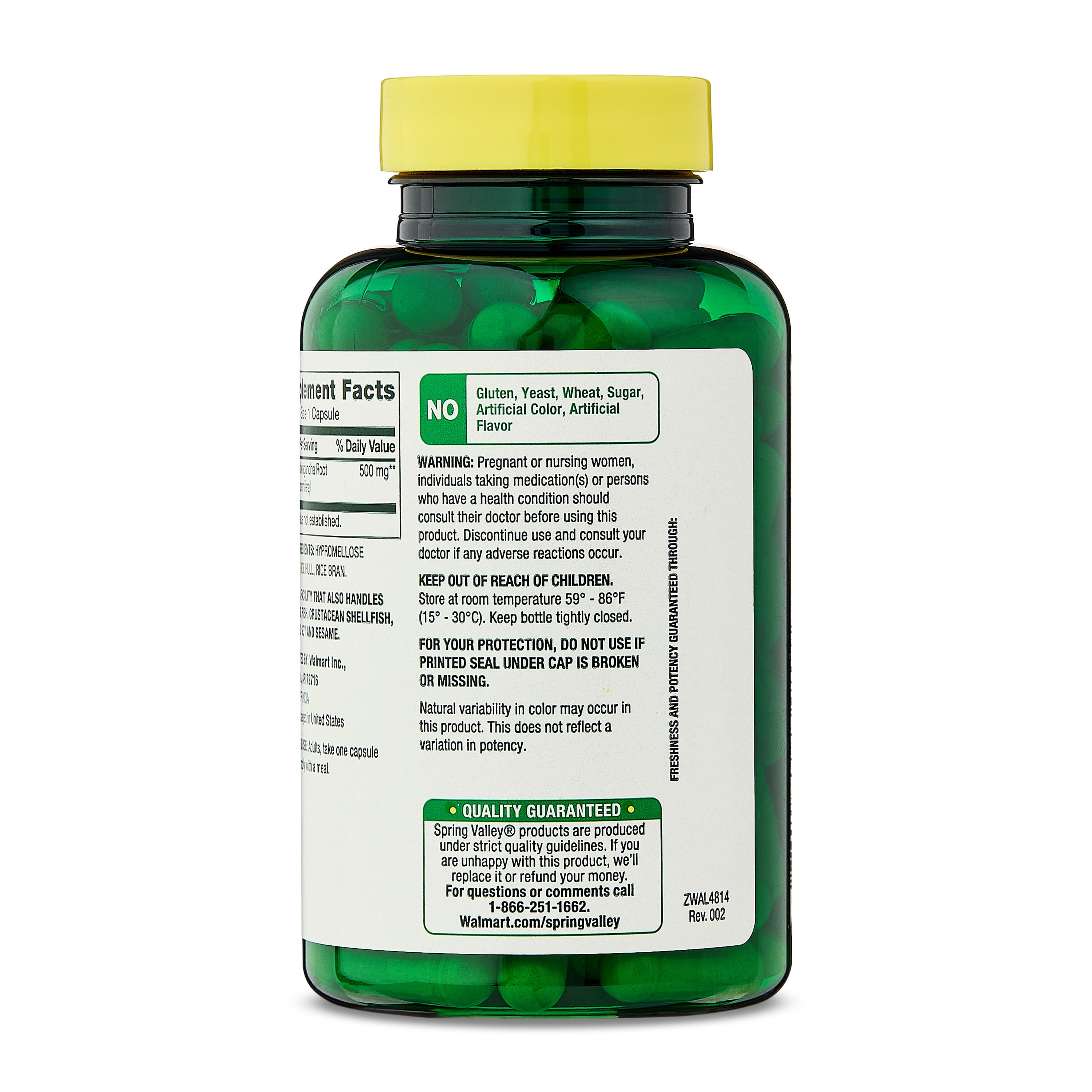Spring Valley Ashwagandha Root Powder General Wellness Dietary Supplement Vegetarian Capsules  500 mg  60 Count