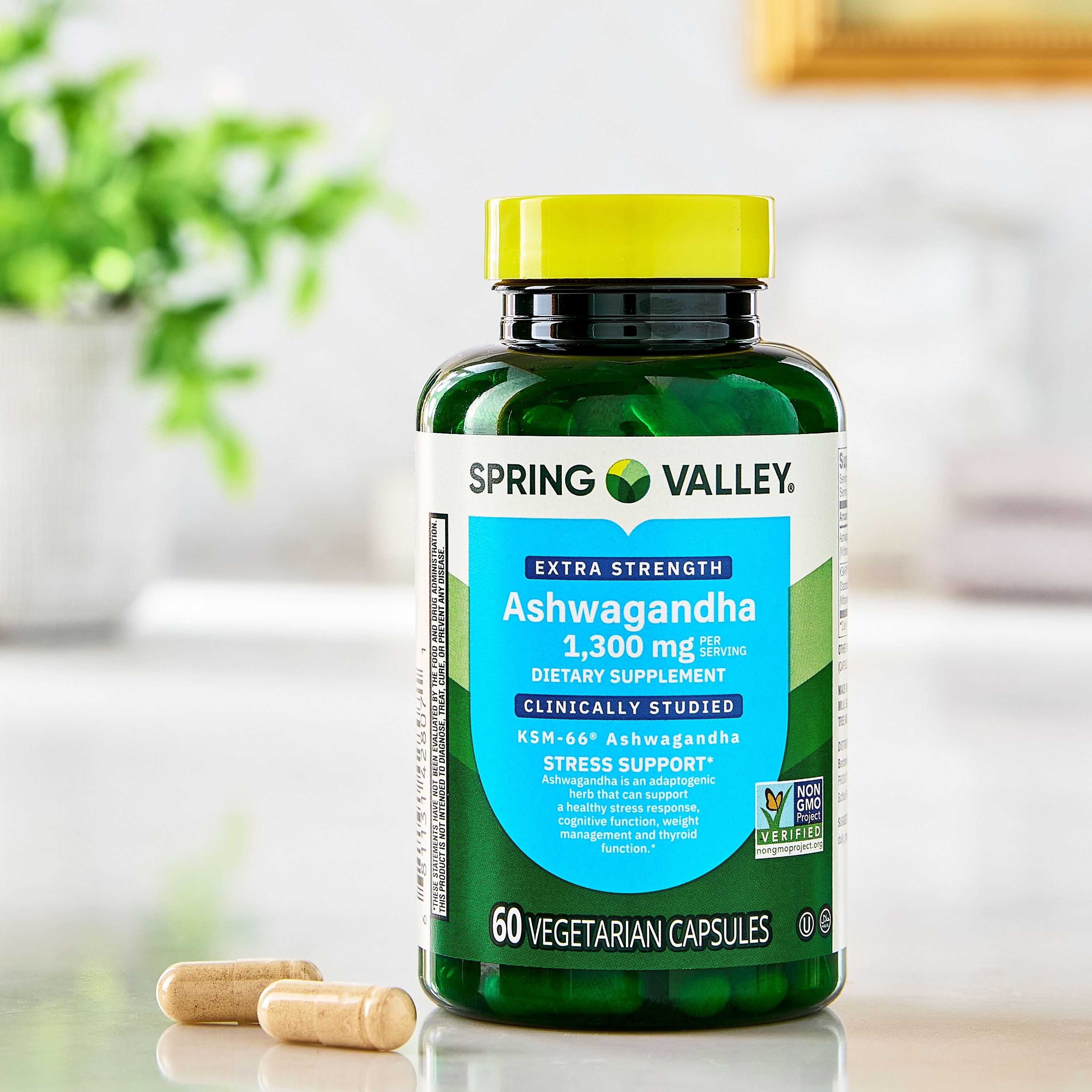 Spring Valley Suplemento Dietético Extra Fuerte de Ashwagandha 1300 mg, 60 Cápsulas Vegetales