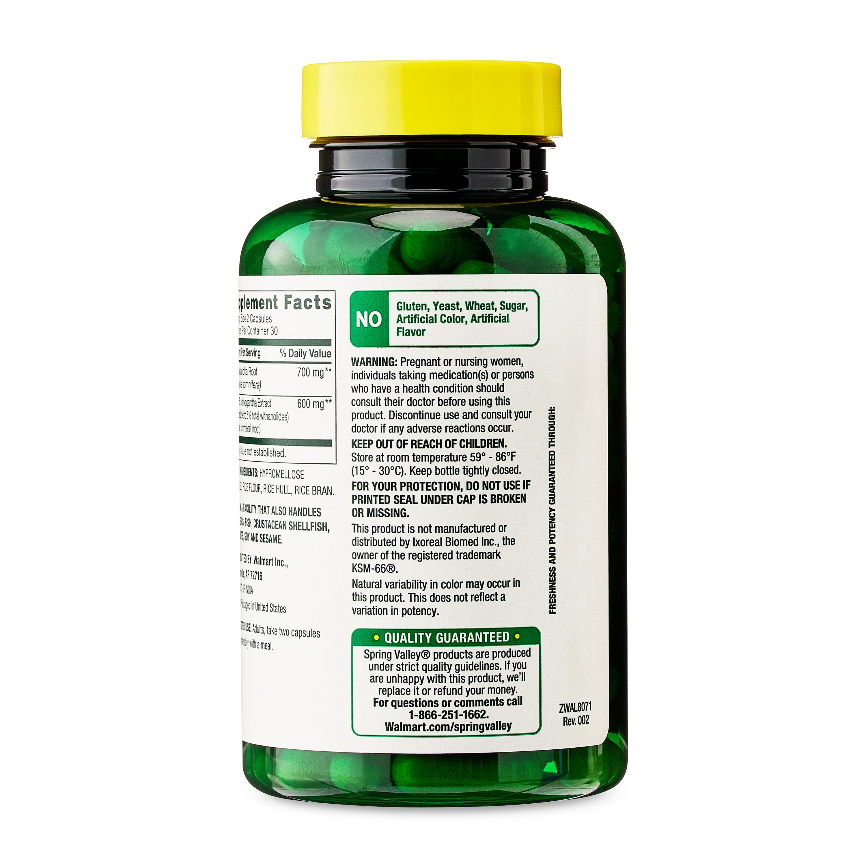 Spring Valley Suplemento Dietético Extra Fuerte de Ashwagandha 1300 mg, 60 Cápsulas Vegetales