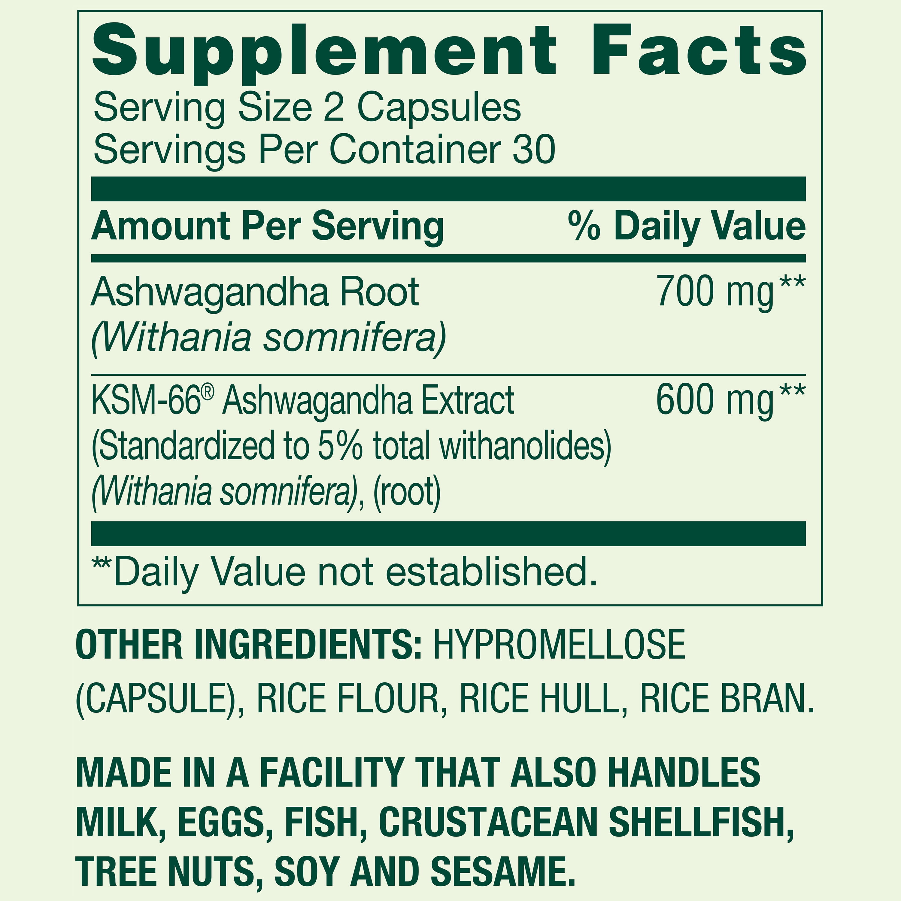 Spring Valley Suplemento Dietético Extra Fuerte de Ashwagandha 1300 mg, 60 Cápsulas Vegetales