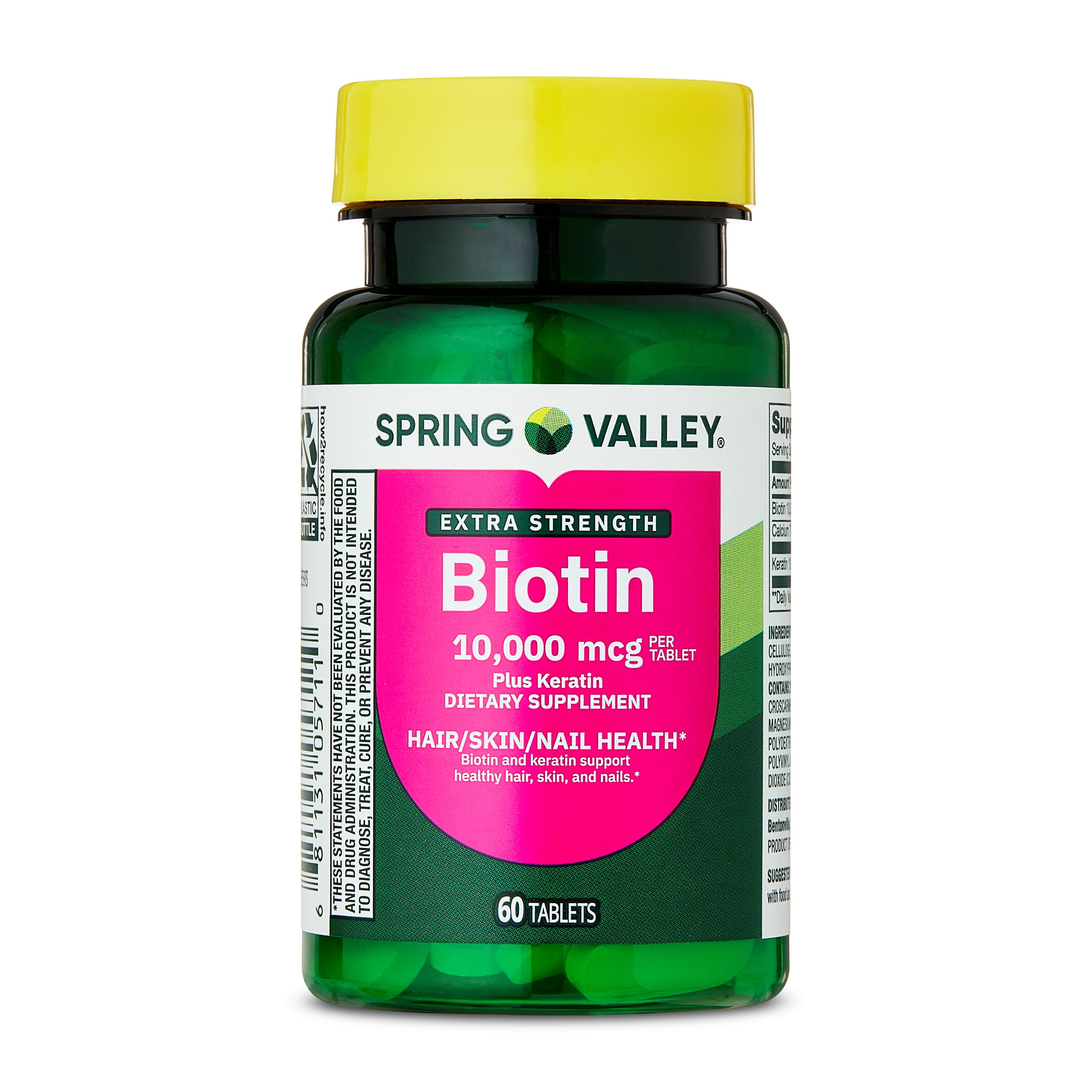 Spring Valley Extra Strength Biotin Plus Keratin Dietary Supplement Tablets for Hair/Skin/Nail Health  10 000 mcg  60 Count