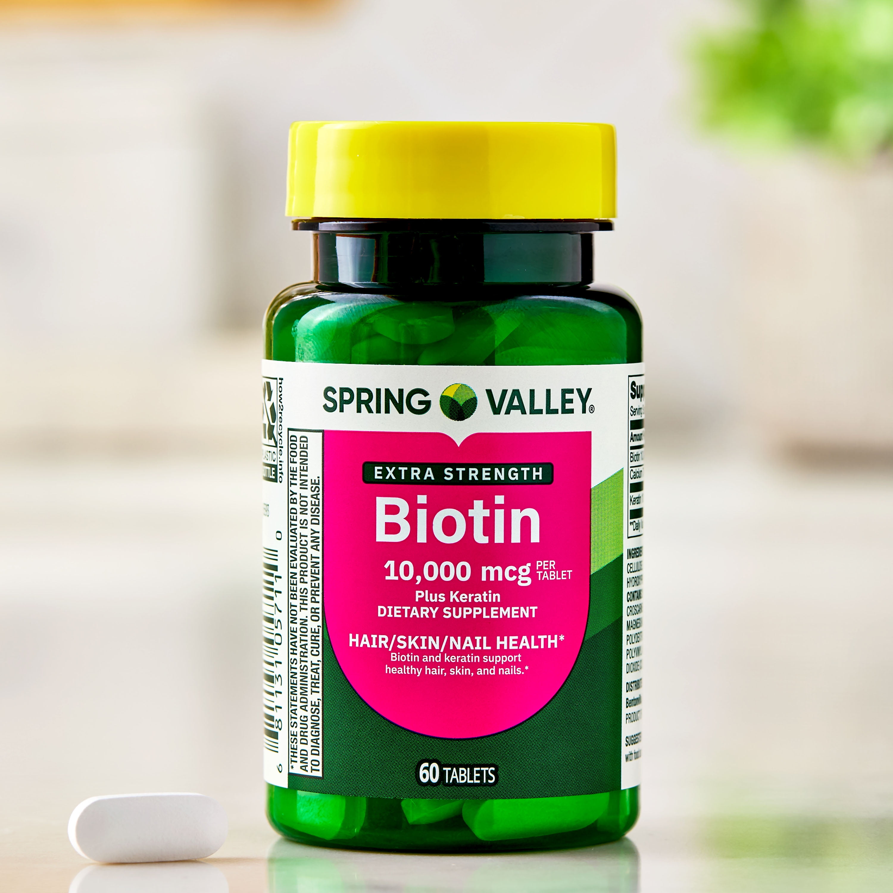 Spring Valley Extra Strength Biotin Plus Keratin Dietary Supplement Tablets for Hair/Skin/Nail Health  10 000 mcg  60 Count