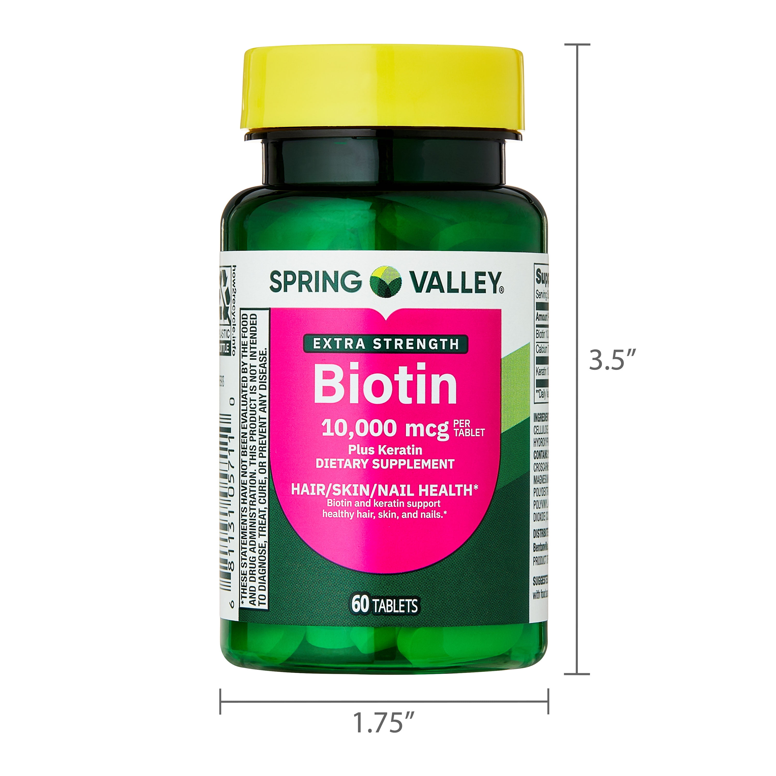 Spring Valley Extra Strength Biotin Plus Keratin Dietary Supplement Tablets for Hair/Skin/Nail Health  10 000 mcg  60 Count