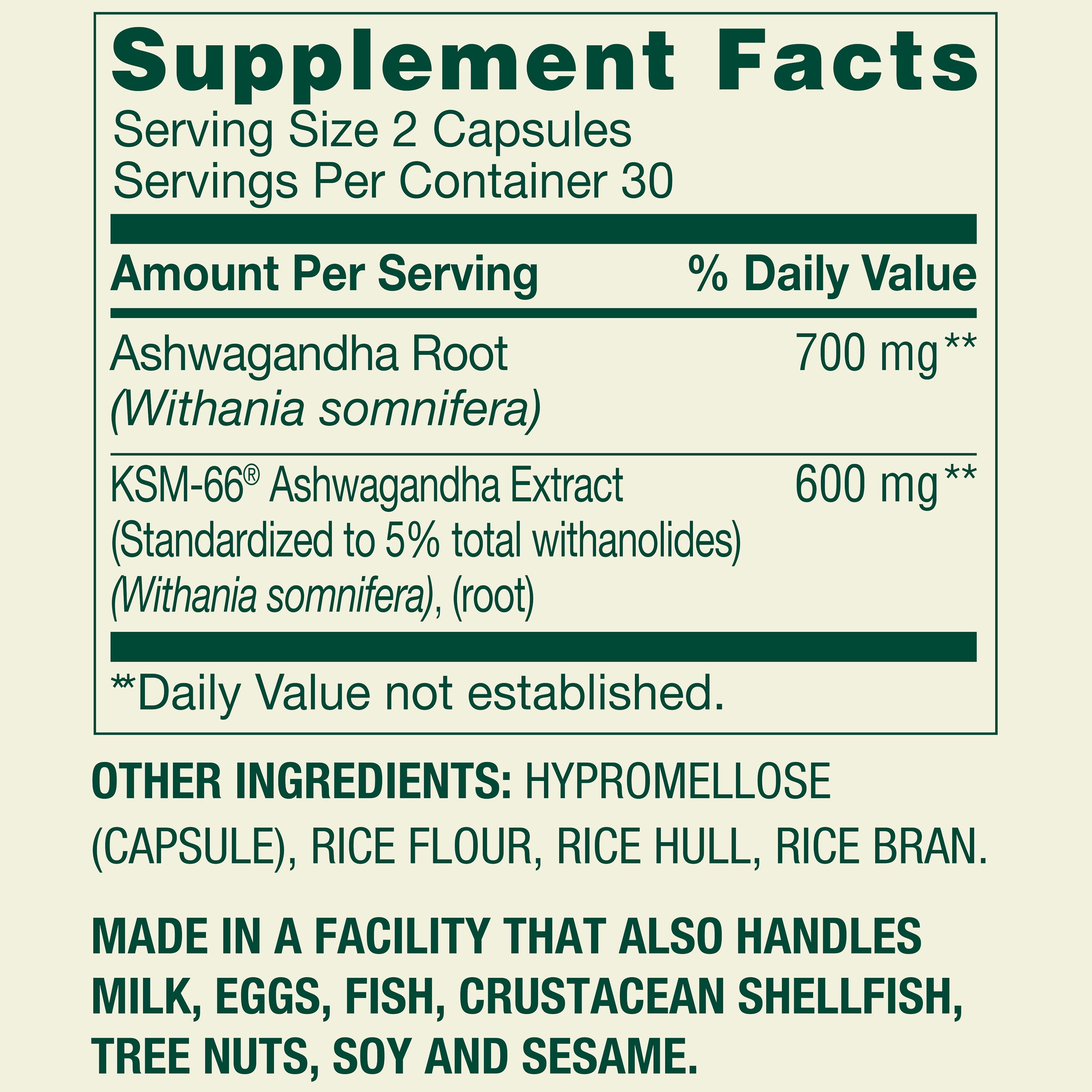 Spring Valley Extra Strength Ashwagandha Dietary Supplement  1300 mg  60 Vegetarian Capsules