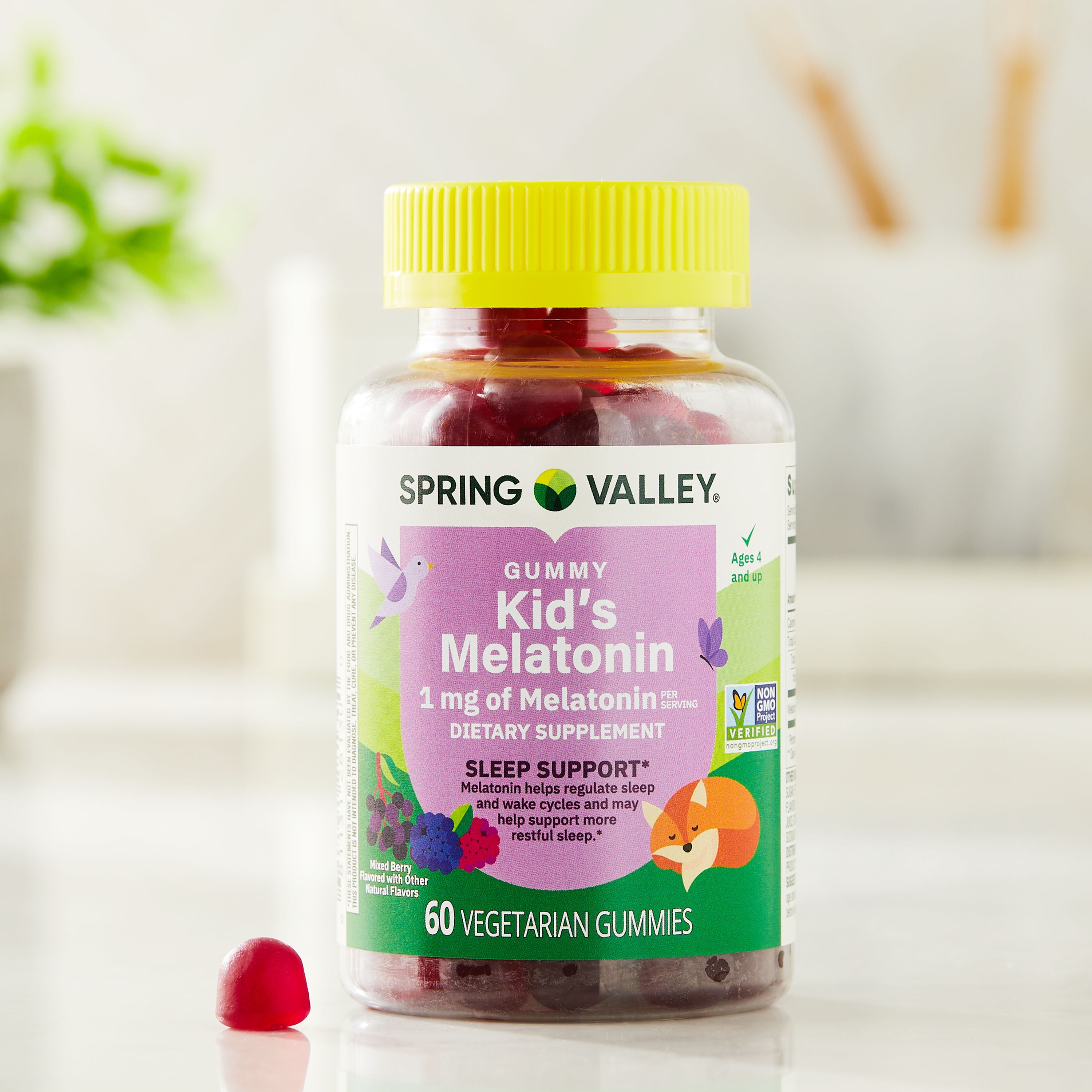 Spring Valley Kids Melatonin Dietary Supplement Gummies  Raspberry  1 mg  60 Count