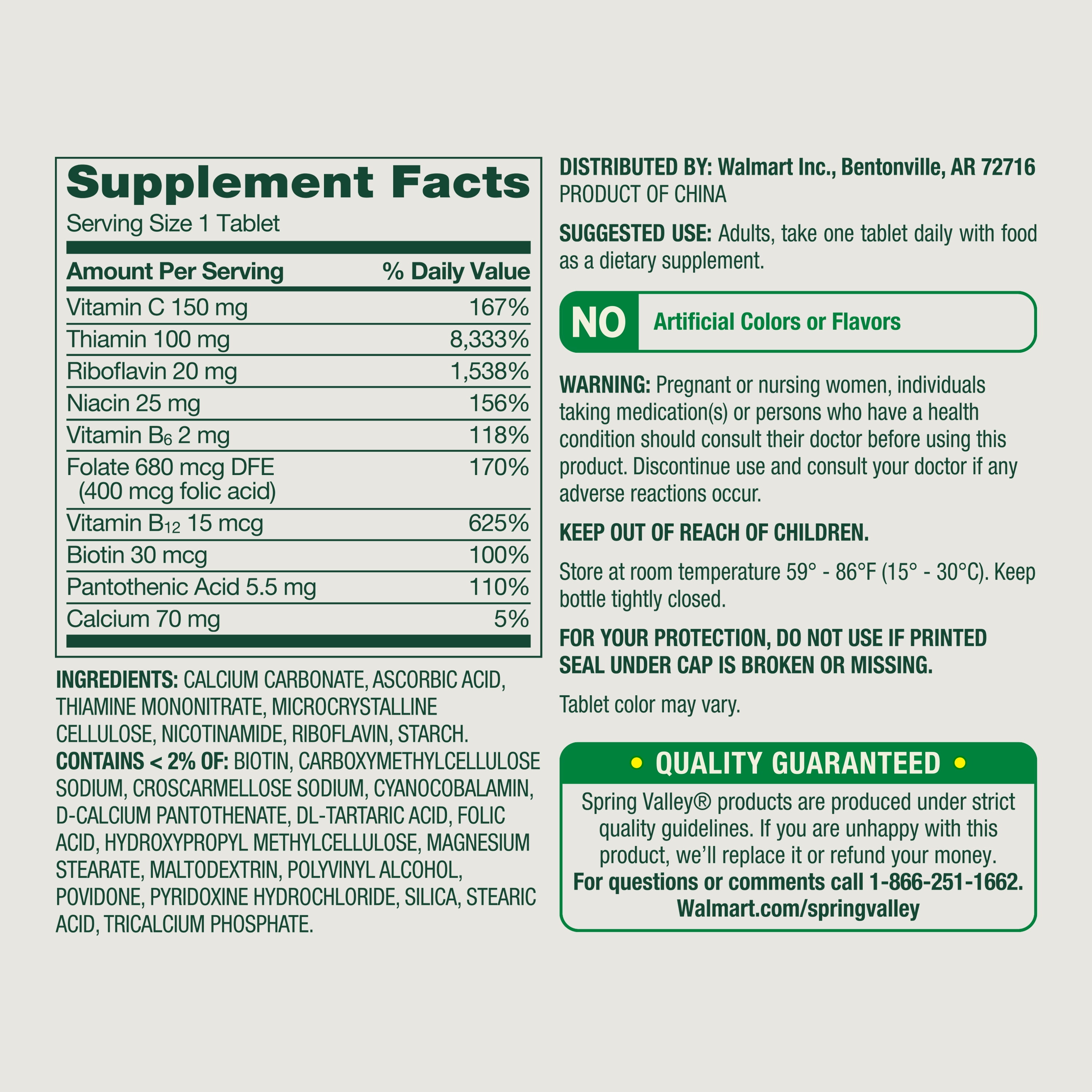 Spring Valley Super Vitamin B Complex Dietary Supplement Tablets for Metabolism Support  250 Count