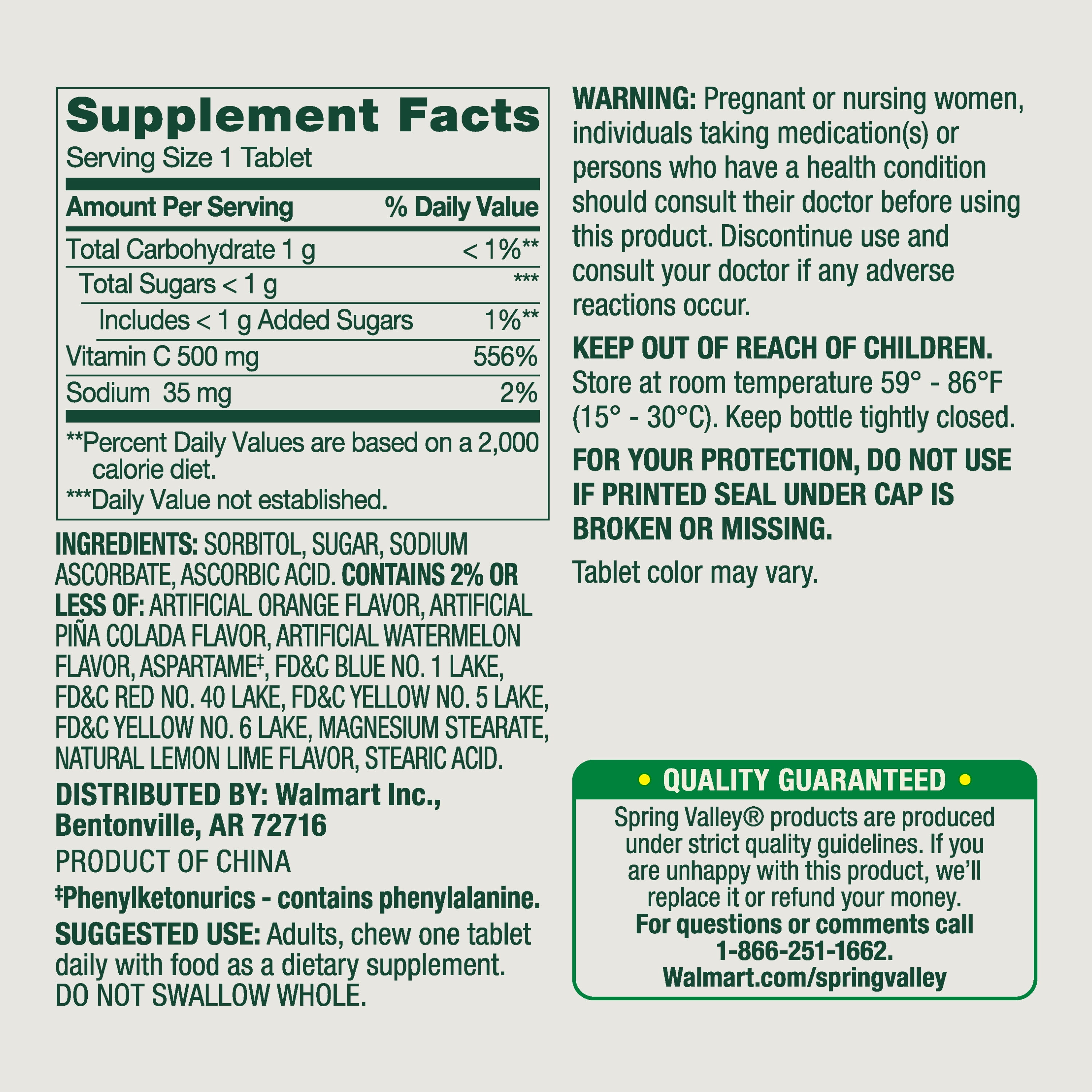 Spring Valley Vitamin C Dietary Supplement Chewable Tablets for Immune Health  Tropical Fruit  500 mg  200 Count