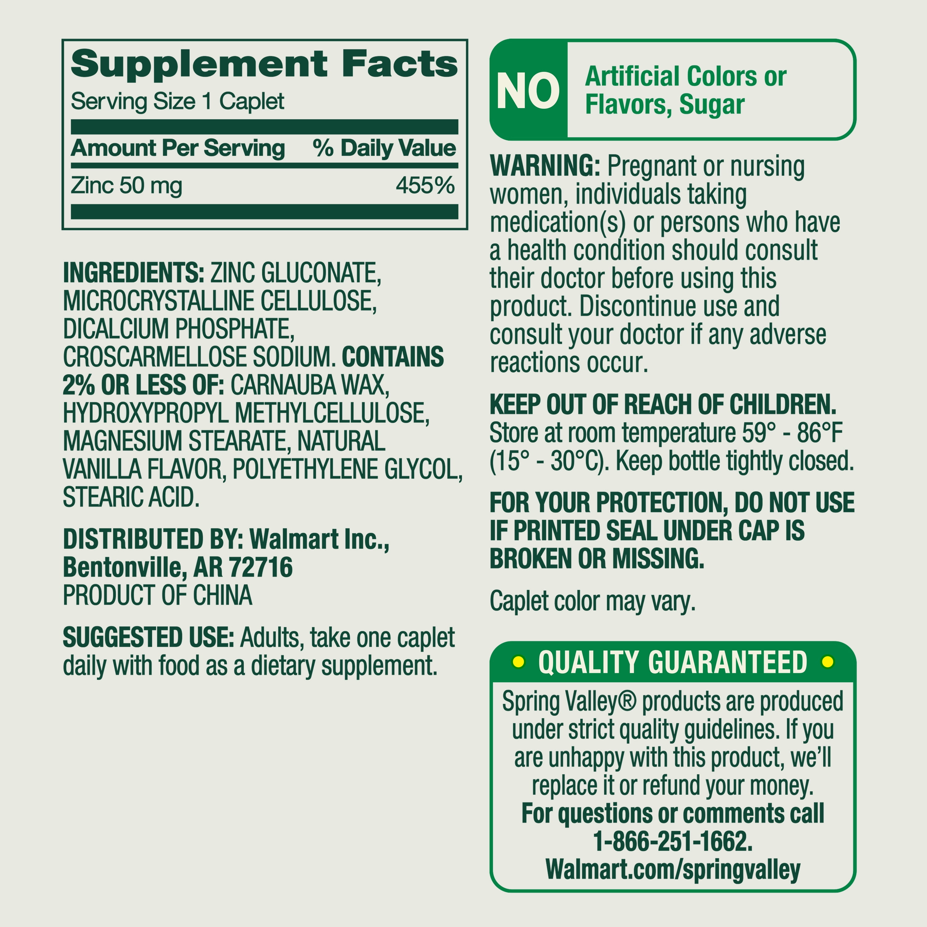 Spring Valley Zinc Dietary Supplement Caplets for Immune Health  50 mg  200 Count