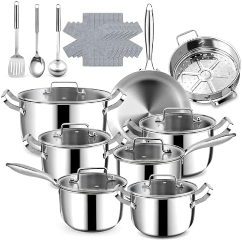 Stainless Steel Cookware Set   24 PCS Kitchen Cookware Sets with 3 Ply Frying Pan and Steamer  Cool Handles  Heavy Duty Chef Quality  Pots and Pans Set Compatible with All Stoves