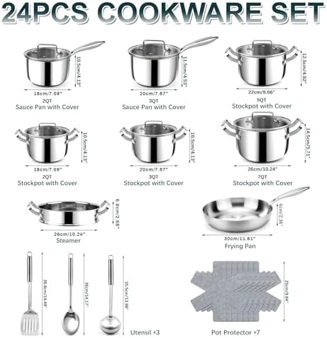 Stainless Steel Cookware Set   24 PCS Kitchen Cookware Sets with 3 Ply Frying Pan and Steamer  Cool Handles  Heavy Duty Chef Quality  Pots and Pans Set Compatible with All Stoves