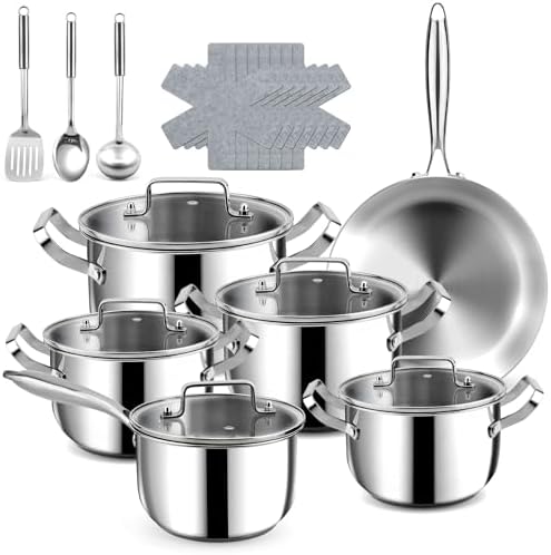 Stainless Steel Cookware Set   21 PCS Kitchen Cookware Sets with 3 Ply Frying Pan  Even Heating  Cool Handle  Chef Quality Cooking Set  Pots and Pans Set Induction Ready  Dishwasher Safe
