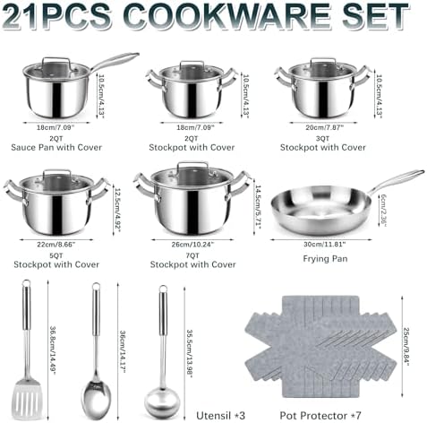 Stainless Steel Cookware Set   21 PCS Kitchen Cookware Sets with 3 Ply Frying Pan  Even Heating  Cool Handle  Chef Quality Cooking Set  Pots and Pans Set Induction Ready  Dishwasher Safe