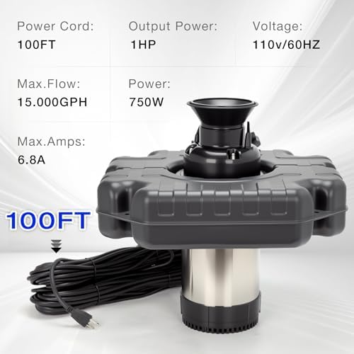 Stainless Steel Metal Pond Fountain Aerator  1HP 110V 15000 GPH Fountain Pump  100 FT Power Cord  Automatic Aerating Fountain Pump with Programmable Timer for Outdoor Large Ponds & Lakes