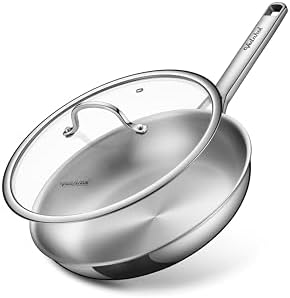 Stainless Steel Pan with Lid 12 Inch Stainless Steel Frying Pan Tri Ply Stainless Steel Skillet Steel Pan for Cooking PFOA&PTFE Free Dishwasher and Oven Safe Induction&All Stove Compatible