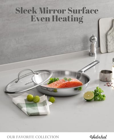 Stainless Steel Pan with Lid 12 Inch Stainless Steel Frying Pan Tri Ply Stainless Steel Skillet Steel Pan for Cooking PFOA&PTFE Free Dishwasher and Oven Safe Induction&All Stove Compatible