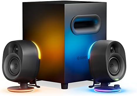 SteelSeries Arena 7 RGB Illuminated 2 1 Gaming Speakers with Powerful Bass  Subwoofer  and Bluetooth   Compatible with PC  PlayStation  Mobile   Black  Renewed