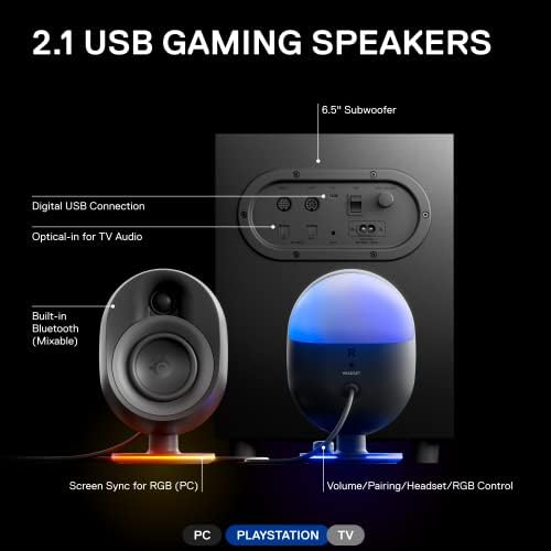SteelSeries Arena 7 RGB Illuminated 2 1 Gaming Speakers with Powerful Bass  Subwoofer  and Bluetooth   Compatible with PC  PlayStation  Mobile   Black  Renewed