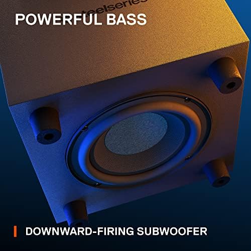 SteelSeries Arena 7 RGB Illuminated 2 1 Gaming Speakers with Powerful Bass  Subwoofer  and Bluetooth   Compatible with PC  PlayStation  Mobile   Black  Renewed