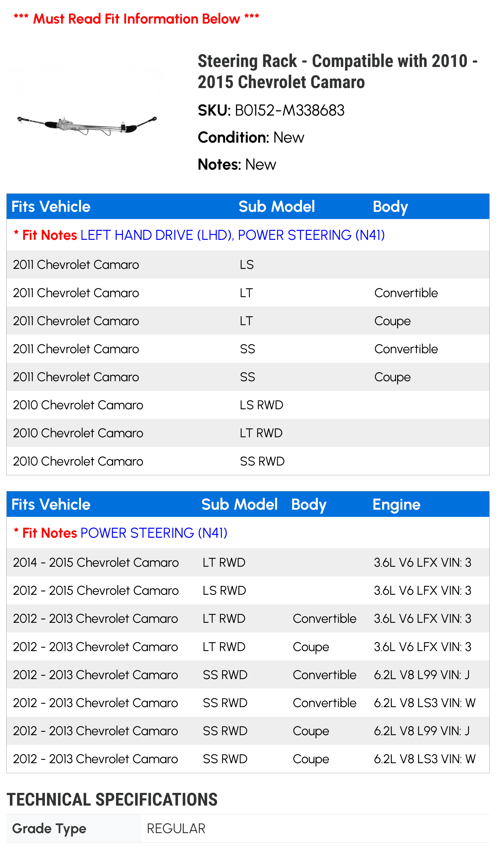 Steering Rack   Compatible with 2010   2015 Chevy Camaro 2011 2012 2013 2014