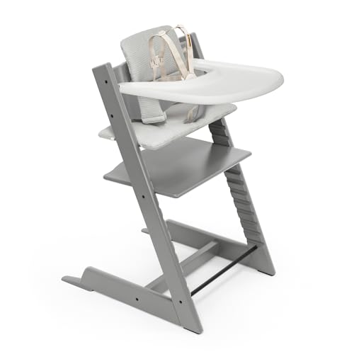 Stokke Tripp Trapp High Chair 2  Natural   Cushion 2  Nordic Grey    Stokke Tray  White    Includes Chair   Baby Set with Removable Harness for Children 6 36 Months