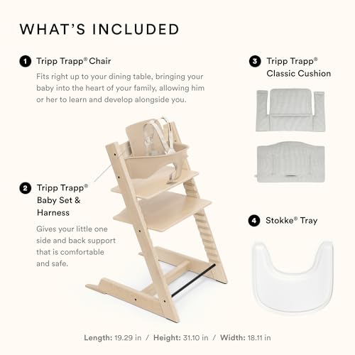 Stokke Tripp Trapp High Chair 2  Natural   Cushion 2  Nordic Grey    Stokke Tray  White    Includes Chair   Baby Set with Removable Harness for Children 6 36 Months