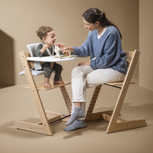 Stokke Tripp Trapp High Chair 2  Natural   Cushion 2  Nordic Grey    Stokke Tray  White    Includes Chair   Baby Set with Removable Harness for Children 6 36 Months