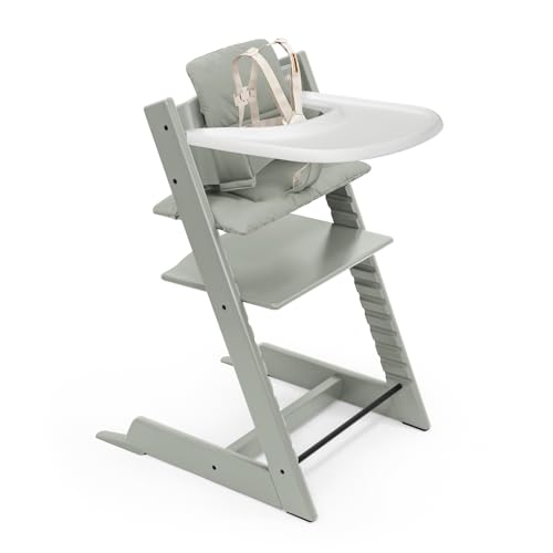Stokke Tripp Trapp High Chair 2  Natural   Cushion 2  Nordic Grey    Stokke Tray  White    Includes Chair   Baby Set with Removable Harness for Children 6 36 Months