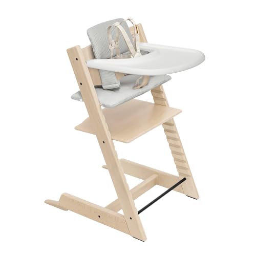 Stokke Tripp Trapp High Chair 2  Natural   Cushion 2  Nordic Grey    Stokke Tray  White    Includes Chair   Baby Set with Removable Harness for Children 6 36 Months