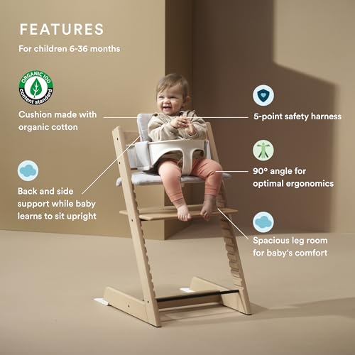 Stokke Tripp Trapp High Chair 2  Natural   Cushion 2  Nordic Grey    Stokke Tray  White    Includes Chair   Baby Set with Removable Harness for Children 6 36 Months