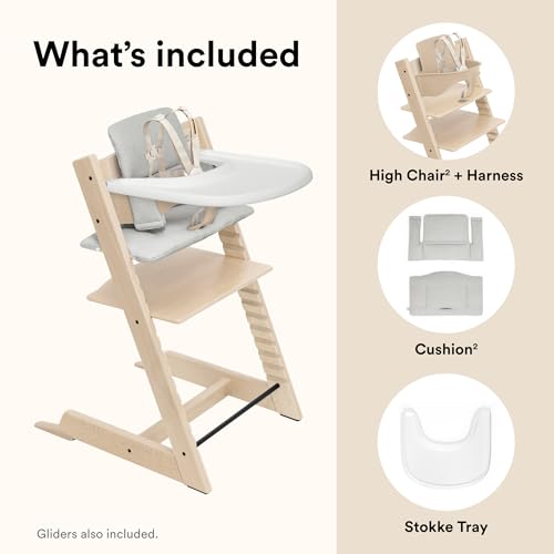 Stokke Tripp Trapp High Chair 2  Natural   Cushion 2  Nordic Grey    Stokke Tray  White    Includes Chair   Baby Set with Removable Harness for Children 6 36 Months