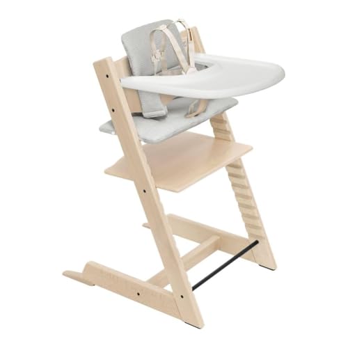 Stokke Tripp Trapp High Chair 2  Natural   Cushion 2  Nordic Grey    Stokke Tray  White    Includes Chair   Baby Set with Removable Harness for Children 6 36 Months