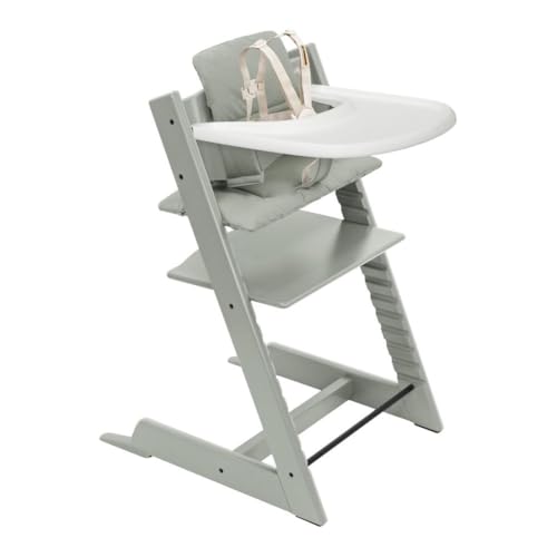 Stokke Tripp Trapp High Chair 2  Natural   Cushion 2  Nordic Grey    Stokke Tray  White    Includes Chair   Baby Set with Removable Harness for Children 6 36 Months