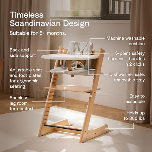 Stokke Tripp Trapp High Chair 2  Natural   Cushion 2  Nordic Grey    Stokke Tray  White    Includes Chair   Baby Set with Removable Harness for Children 6 36 Months