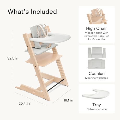 Stokke Tripp Trapp High Chair 2  Natural   Cushion 2  Nordic Grey    Stokke Tray  White    Includes Chair   Baby Set with Removable Harness for Children 6 36 Months