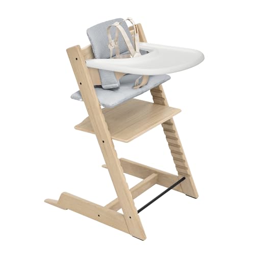 Stokke Tripp Trapp Oak High Chair 2  Natural   Cushion 2  Nordic Blue    Stokke Tray  White    Includes Chair   Baby Set with Removable Harness for Children 6 36 Months