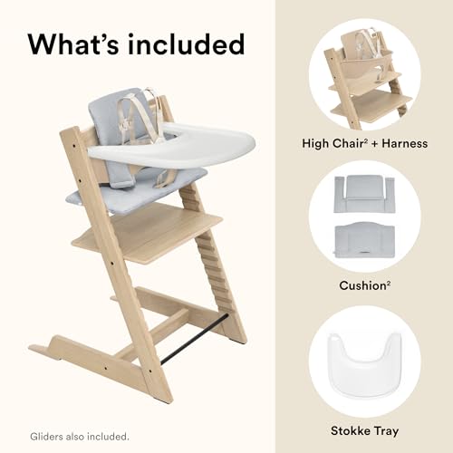 Stokke Tripp Trapp Oak High Chair 2  Natural   Cushion 2  Nordic Blue    Stokke Tray  White    Includes Chair   Baby Set with Removable Harness for Children 6 36 Months