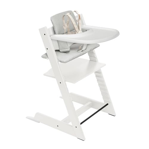 Stokke Tripp Trapp Oak High Chair 2  Natural   Cushion 2  Nordic Blue    Stokke Tray  White    Includes Chair   Baby Set with Removable Harness for Children 6 36 Months