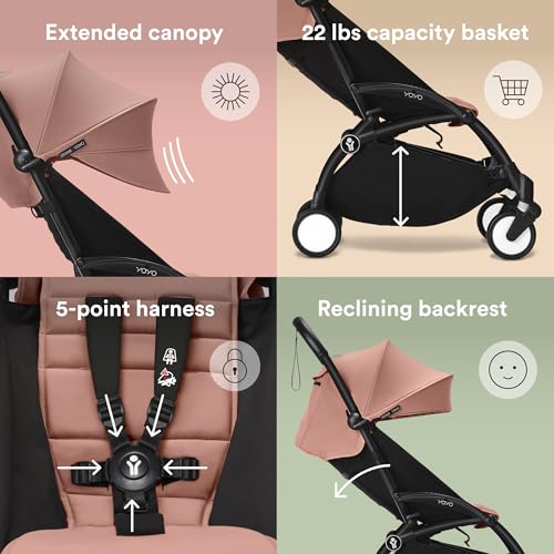 Stokke YOYO3 Stroller from 6 Months   Includes Black Frame/Ginger Seat Cushion   Canopy   Folds in & Out in a Flash   Light & Compact   Carry On Compatible