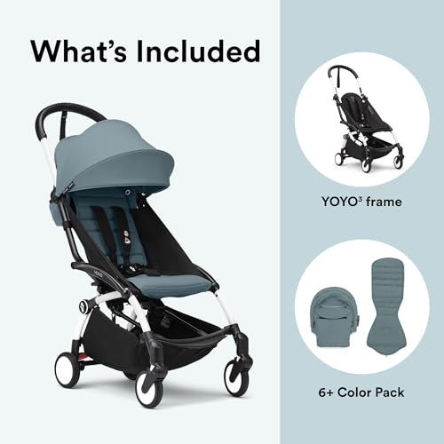 Stokke YOYO3 Cochecito desde 6 meses - Incluye marco blanco/cojín de asiento color aguamarina + dosel - Se pliega y despliega en un instante - Ligero y compacto - Compatible con equipaje de mano