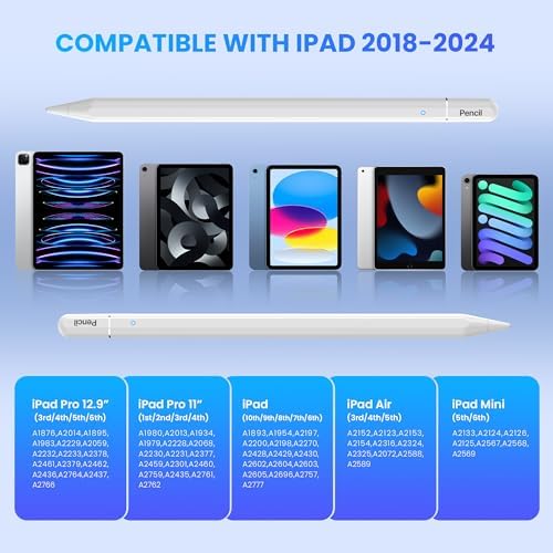 Stylus Pen for iPad 6th 11th Generation  10 Mins Fast Charge with Tilt Sensitivity & Palm Rejection  Compatible with Apple iPad 2018 2025  iPad Air 3/4/5/M2/M3  iPad mini 5/6  iPad Pro 11/12 9/M4